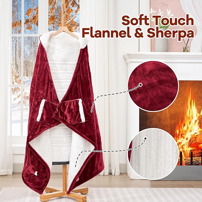Heated Blanket Wearable Electric Blanket with Hood and Pockets, Heating Throw Blanket, Electric Heated Wrap Shawl with 6 Heating Levels Setting & 4 Hours Auto Shut Off, Machine Washable(Shrot, Wine)