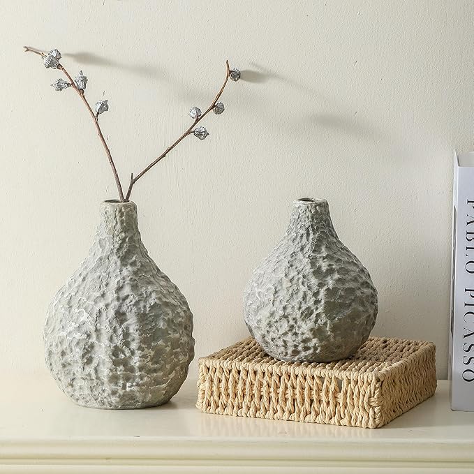 Stone Vases,Ceramic Bud Vase Set of 2,Minimalist Vases for Pampas Grass,Modern Vase for Wabi Sabi Home Decor, Shelf Decoration,Fireplace Decor,Coffee Table Decor