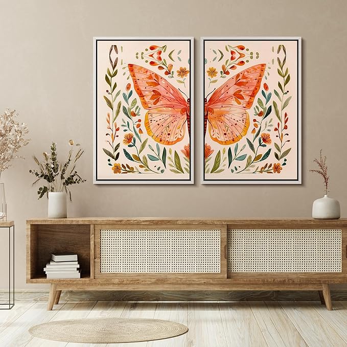 SIGNFORD Framed Canvas Print Wall Art Set Whimsical Butterfly and Florals Colorful Nature Illustration Modern Art Decorative Nordic Nature for Living Room, Bedroom, Office - 24"x36"x2 White