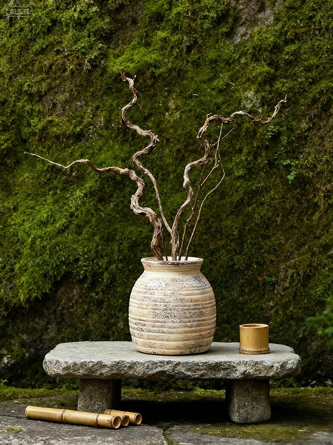 Rustic Vintage Ceramic Vases ,White Terracotta Decorative Flower Boho Vintage Wide-Mouth Vase for Living Room Bedroom Kitchen Office Decor Centerpiece Table Decorations 5.71Inch