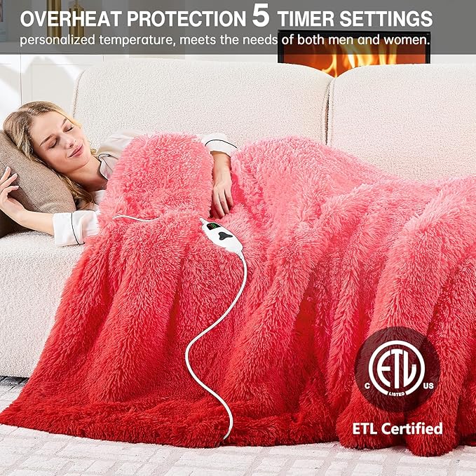 Heated Electric Blanket Twin,Warm Winter for Women Her Grandma–Faux Fur with Soft Sherpa,10 Heat Settings,5 Time Settings with Fast Heating,ETL 62x84, Ruby Wine