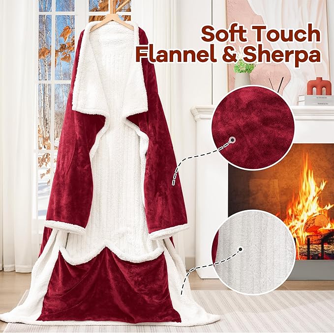 Heated Blanket Wearable Electric Blanket with Foot Pocket and Sleeves, Heating Throw Blanket, Electric Snuggle Blankets, 6 Heating Levels Setting & 4 Hours Auto Shut Off, Machine Washable (Long, Wine)