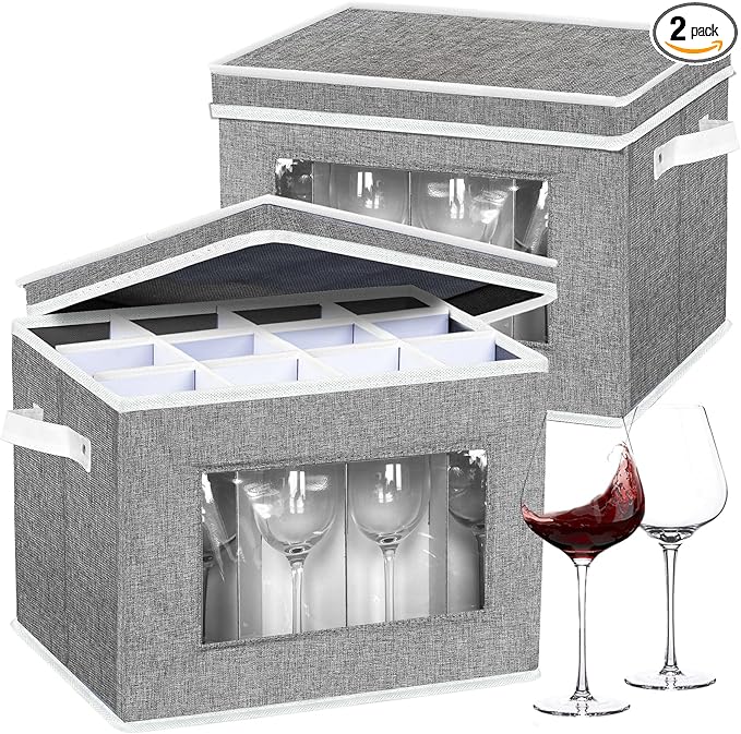 homyfort 2 Pack Stemware Storage Cases, Wine Glass Storage Box with Dividers, China Crystal Glass Storage Containers Organizer for 24 Glassware Moving and Protection (Grey)