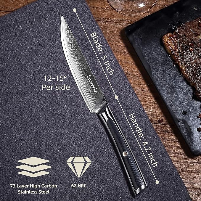 Sunnecko Damascus Steak Knives Set of 6 Non Serrated, Japanese VG10 Stainless Steel Steak knives Dishwasher Safe, 5 Inch Steak Knives G10 Handle with Wood Gift Box