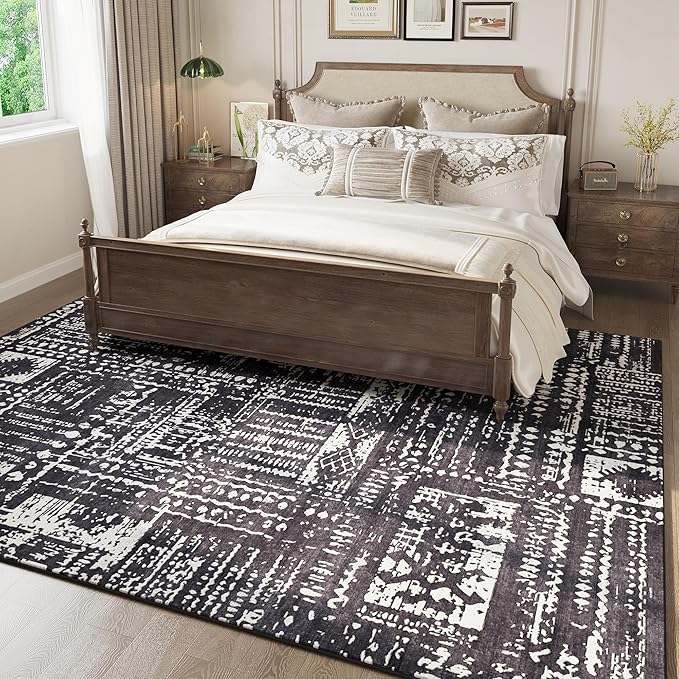Rugcomf Area Rugs 8x10 Rug for Living Room Clearance Washable Boho Area Rug Non Slip Moroccan Vintage Low Pile Large Rug for Living Room, Bedroom, Farmhouse, Dining Room, Kids Playroom(Black)