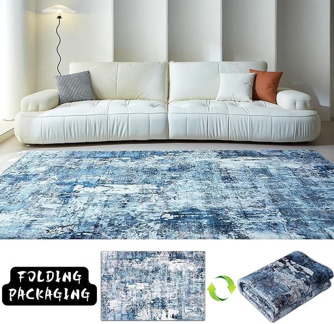 Rugcomf Area Rug 5x7 Washable Rug Boho Soft Abstract Pattern Non-Slip Non-Shedding Faux Wool Vintage for Living Room, Bedroom, Farmhouse, Dining Room, Indoor, Kids Playroom, Blue