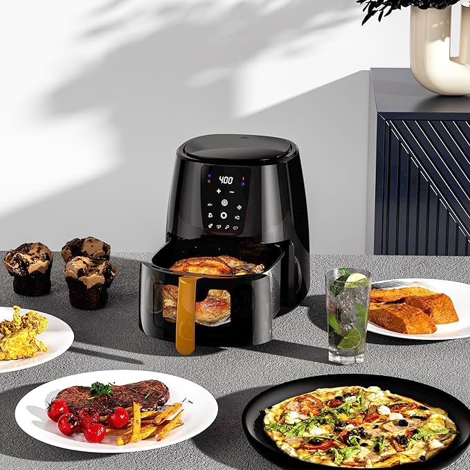 6.0 QT Large Digital Air Fryer with Window for Kitchen Use,Nonstick Made without PFAS, Touchscreen Display,400F,Customized Temp/Time,NonStick Basket,Black
