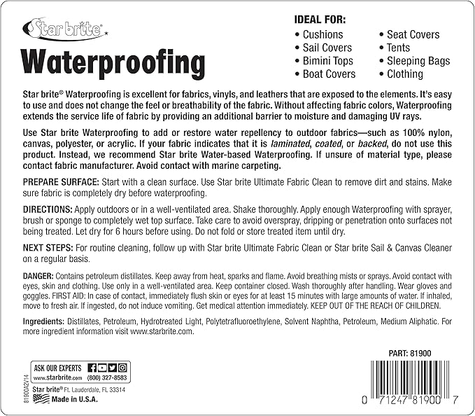 STAR BRITE Waterproofing Spray, Waterproofer + Stain Repellent + UV Protection for Boat Covers, Car Covers, Bimini Tops, Tents, Jackets, Backpacks, Boots, Awnings, Patio Covers & More