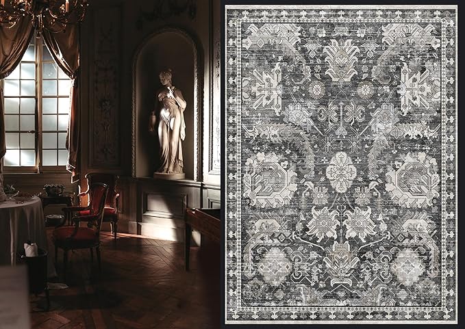 RUGSURE Washable Area Rugs - Perfect for Living Room, Bedroom, Kids Room, Nursery - Stain & Water Resistant Non-Slip, Pet & Child Friendly, Vintage Tribal Area Rugs (Grey, 4' x 6')