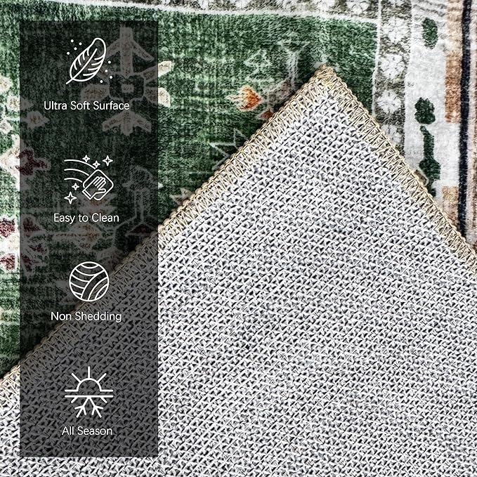 Vintage 8' x 10' Washable Area Rug - Stylish Indoor Rug for Living, Dining or Bedroom - Lightweight Carpet with Non-Slip Backing - Foldable for Easy Placement and Maintenance - Green