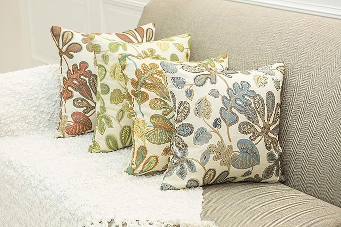 Mika Home Set of 2 Jacquard Tropical Leaf Pattern Throw Pillow Covers Decorative Pillowcase 22X22 Inches,Blue Cream