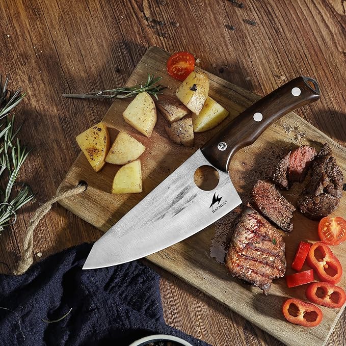 Chef's Knife - 6.2", High Carbon Stainless Steel Blade Perfect Kitchen Knive, Chopping, Julienne and Slicing Kitchen Knife Full Tang with Ergonomic Ash Wood Handle, Leather Sheath