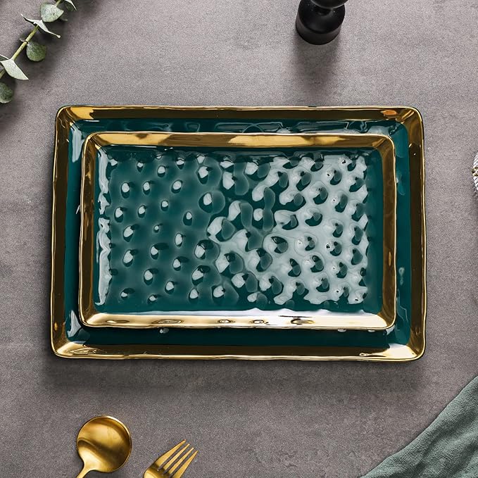 Stone Lain Florian Porcelain Large and Medium Rectangle Service Platters, Green with Gold Rim
