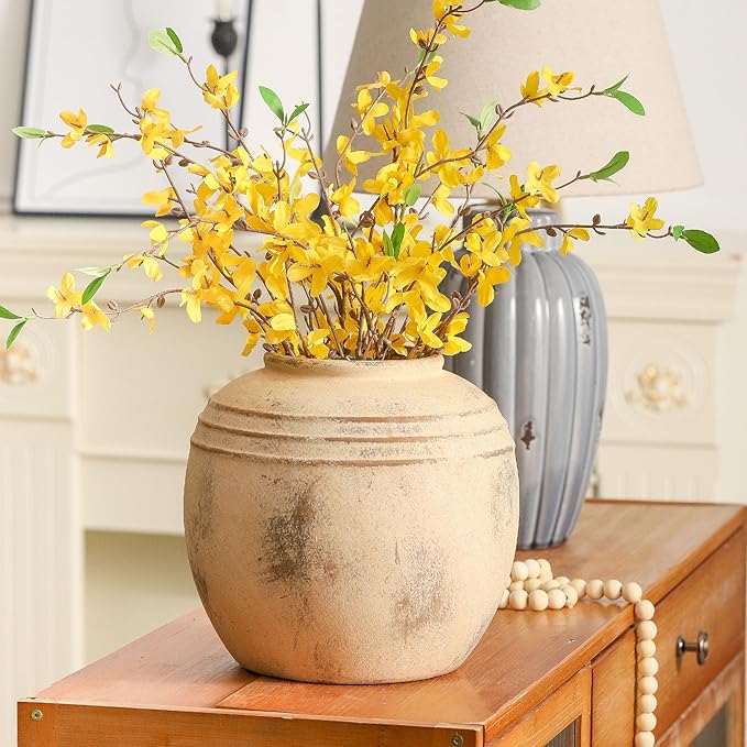 Ceramic Flower Vase, 8.66 inch Tall Round Rustic Farmhouse Decorative Vase for Home Decor, Living Room Entryway Table Centerpiece Decor