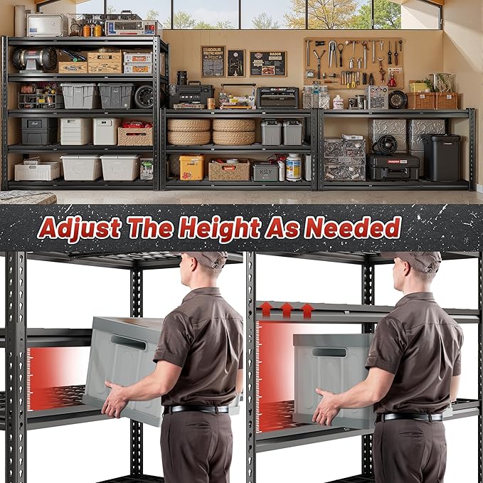 REIBII 48" W Garage Shelving 3050LBS Garage Storage Shelves Metal Storage Shelves 5 Tier Adjustable Shelving Unit for Warehouse Basement Pantry 48.2" W X 24.1" D X 72.2" H