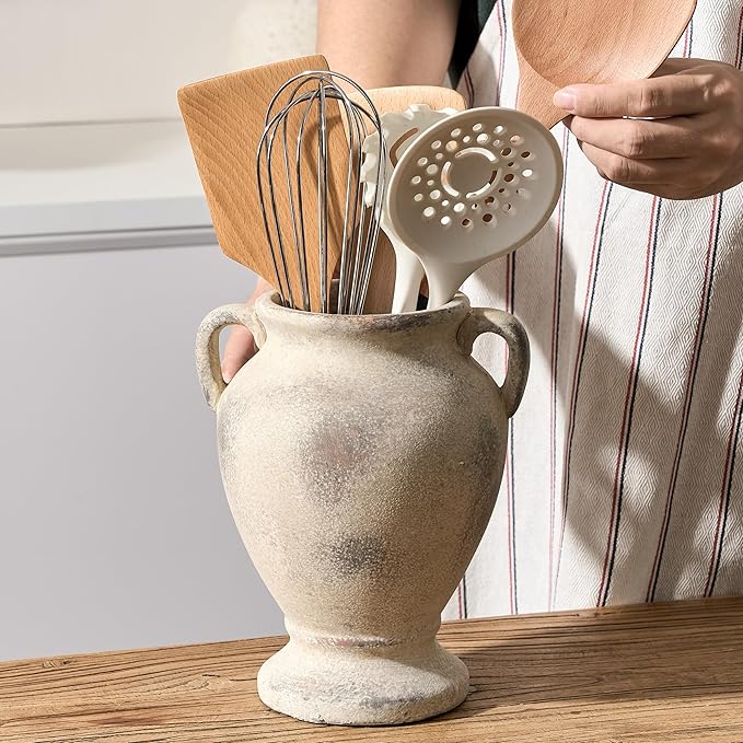 Ceramic Rustic Flower Vase with Handles, 8.46 Inch Tall Vintage Pottery Home Decor, Farmhouse Terracotta Vase for Living Room, Table, Shelf, Mantel Decoration, Farmhouse- Brown