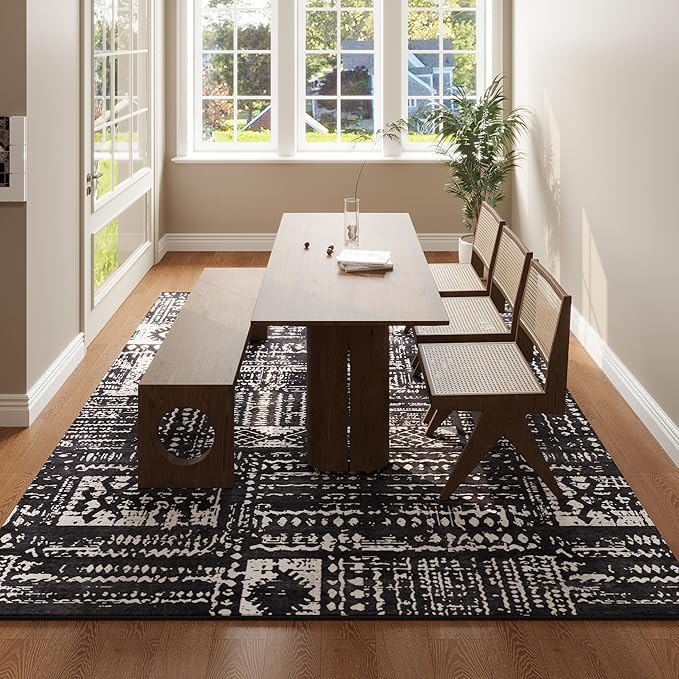 Rugcomf Area Rugs 8x10 Rug for Living Room Clearance Washable Boho Area Rug Non Slip Moroccan Vintage Low Pile Large Rug for Living Room, Bedroom, Farmhouse, Dining Room, Kids Playroom(Black)