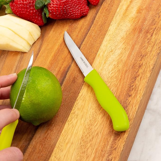 Paring and Garnishing Knife, 12-Piece Set, Knives with Straight Edge 3 Inch Blade, Stainless Steel, Spear Point, Fruit and Vegetable Cutting and Peeling, Green