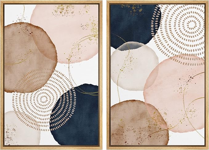 SIGNFORD Framed Wall Art Print Set Pastel Watercolor Vibrant Circle Collage Abstract Shapes Illustrations Modern Minimalist Relax/Calm Multicolor for Living Room, Bedroom, Office - 24"x36"x2 Natural