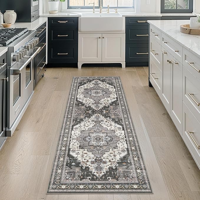 GENIMO 2X8 Hallway Runner Rug, Machine Washable Non Slip Vintage Floral Patchwork Runners, Thin Low Pile Chenille Carpet Runners for Entryway, Kitchen, Bathroom, Bedroom, Slate Gray