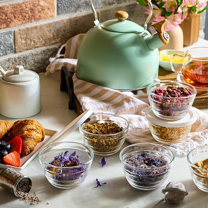 16pc Set of Small Glass Bowls with Airtight Lids - 8oz Stackable Custard Cups - 8 Clear Mise en Place Food Prep Bouillon Cups & Mixing Bowls + 8 Lids for Sauces Dips, Nuts Oats, Candy Dessert, Cereal.