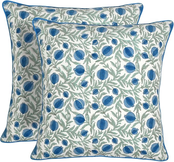 Ridhi Queen Blue Block Print Preppy Grandmillennial Pillow Cover Set of 2-20" x 20" Throw Pillow for Home White Floral Pillow Cover Grandmillennial Home Decor Thanksgiving