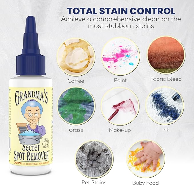 Grandma's Secret Spot Remover for Clothes - Chlorine, Bleach and Toxin-Free - Fabric Stain Remover Removes Oil, Paint, Blood and Pet Stains – 2 Ounce, Pack of 2