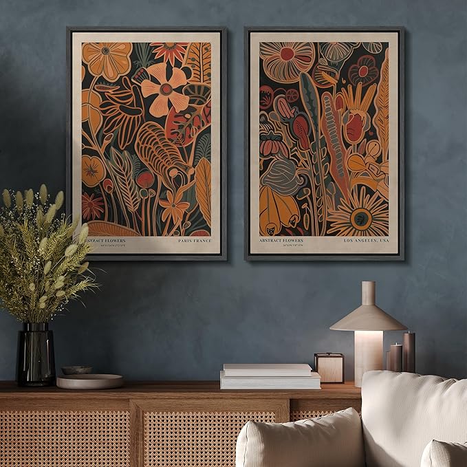 SIGNFORD Framed Canvas Print Wall Art Set Abstract Blossoms Vibrant Floral Illustration Modern Art Decorative Nordic Nature for Living Room, Bedroom, Office - 16"x24"x2 Black