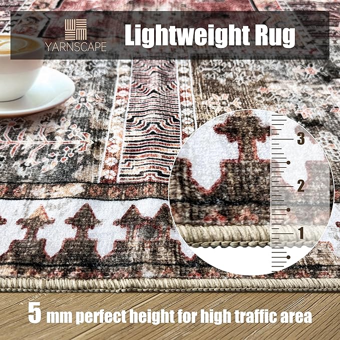 Vintage 6' x 9' Washable Area Rug - Stylish Indoor Rug for Living, Dining or Bedroom - Lightweight Carpet with Non-Slip Backing - Foldable for Easy Placement and Maintenance - Ivory