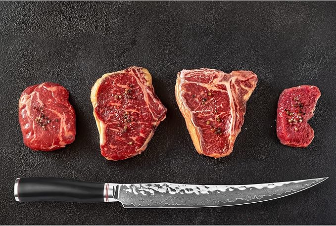 YOUSUNLONG Slicing & Carving Knife - 10'' (25.4cm) - Damascus - Japanese Hammered VG10 Steel - Ham Slicer - Razor Sharp -Natural Ebony wood Handle With Leather Sheath - Slicer Cleaver