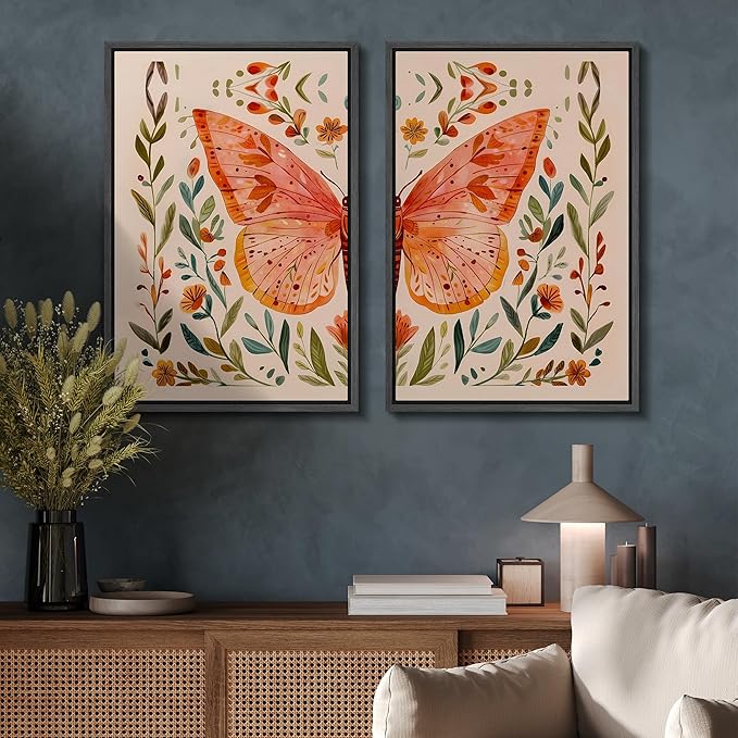 SIGNFORD Framed Canvas Print Wall Art Set Whimsical Butterfly and Florals Colorful Nature Illustration Modern Art Decorative Nordic Nature for Living Room, Bedroom, Office - 24"x36"x2 Black