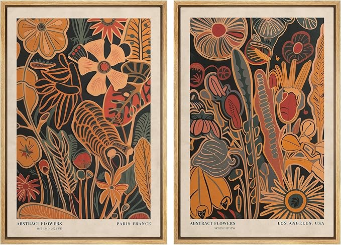 SIGNFORD Framed Canvas Print Wall Art Set Abstract Blossoms Vibrant Floral Illustration Modern Art Decorative Nordic Nature for Living Room, Bedroom, Office - 16"x24"x2 Natural