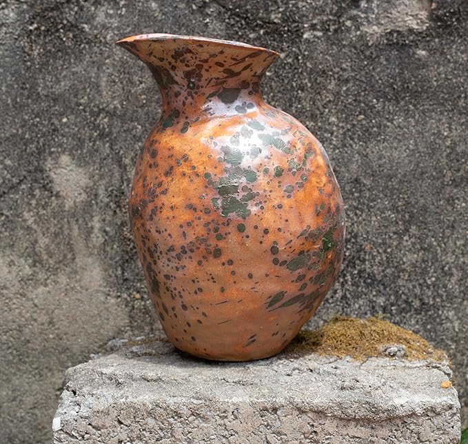 Rustic Pottery Ceramic Vase - Vintage Farmhouse Style Decor, White Grid Ceramic Vases for Home Decor, Modern Farmhouse Decor (Grey and green)