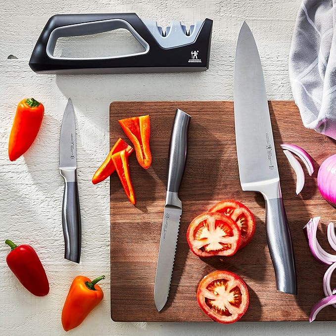 HENCKELS Graphite 4-pc Starter Knife Set, 8" Chef Knife, 5-in. Serrated Utility, 3-in. Paring Knife, and Handheld Sharpener