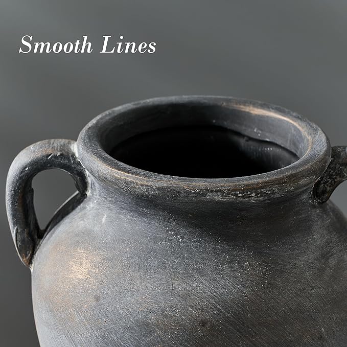 Ceramic Rustic Flower Vase with Handles, 8.36 Inch Tall Vintage Pottery Home Decor, Farmhouse Terracotta Vase for Living Room, Table, Shelf, Mantel Decoration, Farmhouse- Black