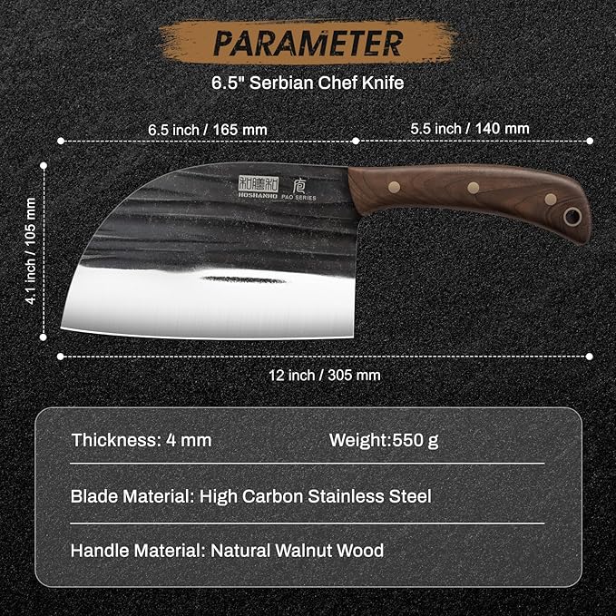 HOSHANHO 6.5 Inch Serbian Chef Knife, High Carbon Steel Meat Cleaver Knife for Meat Cutting, Handmade Forged Heavy Duty Butcher Knife with Full Tang for Home & Camping & BBQ Gift for Men