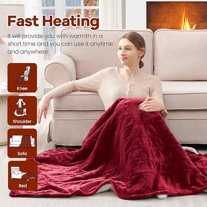 Heated Blanket Wearable Electric Blanket with Hood and Pockets, Heating Throw Blanket, Electric Heated Wrap Shawl with 6 Heating Levels Setting & 4 Hours Auto Shut Off, Machine Washable(Shrot, Wine)
