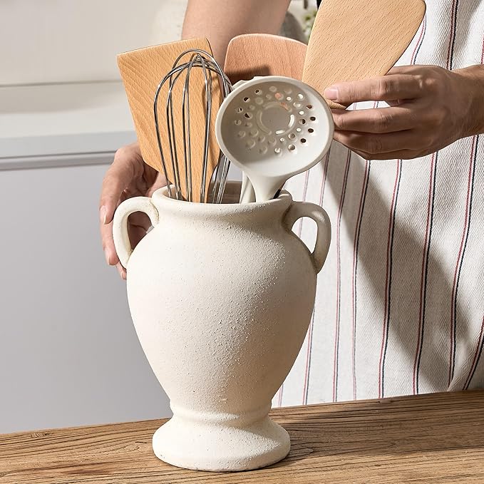 Ceramic Rustic Flower Vase with Handles, 8.46 Inch Tall Vintage Pottery Home Decor, Farmhouse Terracotta Vase for Living Room, Table, Shelf, Mantel Decoration, Farmhouse- White