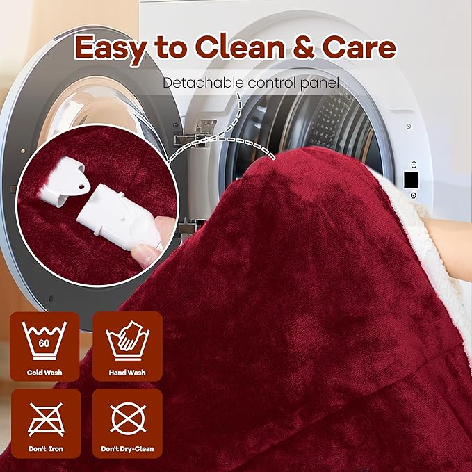 Heated Blanket Wearable Electric Blanket with Hood and Pockets, Heating Throw Blanket, Electric Heated Wrap Shawl with 6 Heating Levels Setting & 4 Hours Auto Shut Off, Machine Washable(Shrot, Wine)