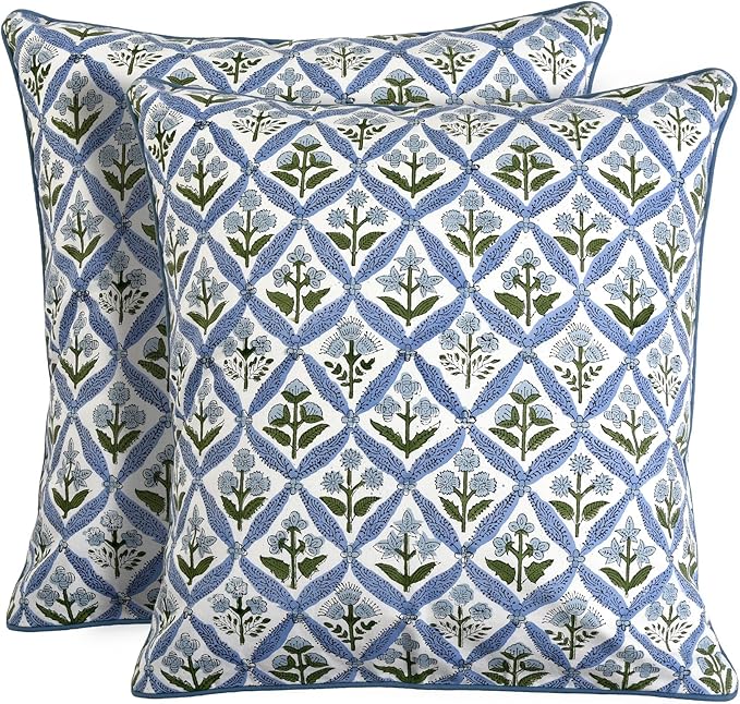 Ridhi Light Steel Blue Block Print Cotton Throw Pillow Covers for Decorative Couch Pillows for Living Room, Chic Boho Cute Outdoor Valentine Pillows Covers Gifts 20x20 Inches
