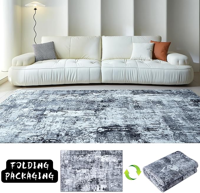 Rugcomf 6x9 Rug Washable Bedroom Rug Large Soft Area Rug Abstract Pattern Non-Slip Faux Wool Vintage Rug for Living Room, Farmhouse, Dining Room, Kids Playroom, Grey and Black