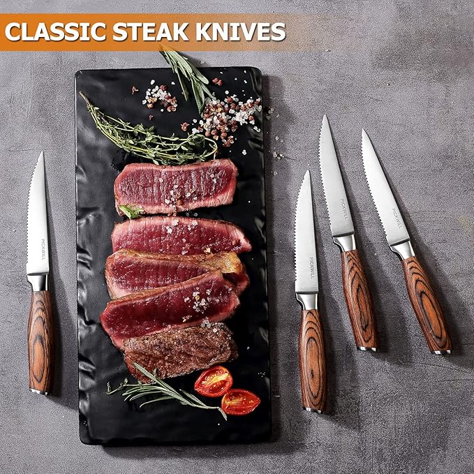 Steak Knives,Steak Knives Set of 4, Ergonomic Wood Handle, 4.5 Inch High Carbon Stainless Steel Serrated Steak Knives Set with Gift Box