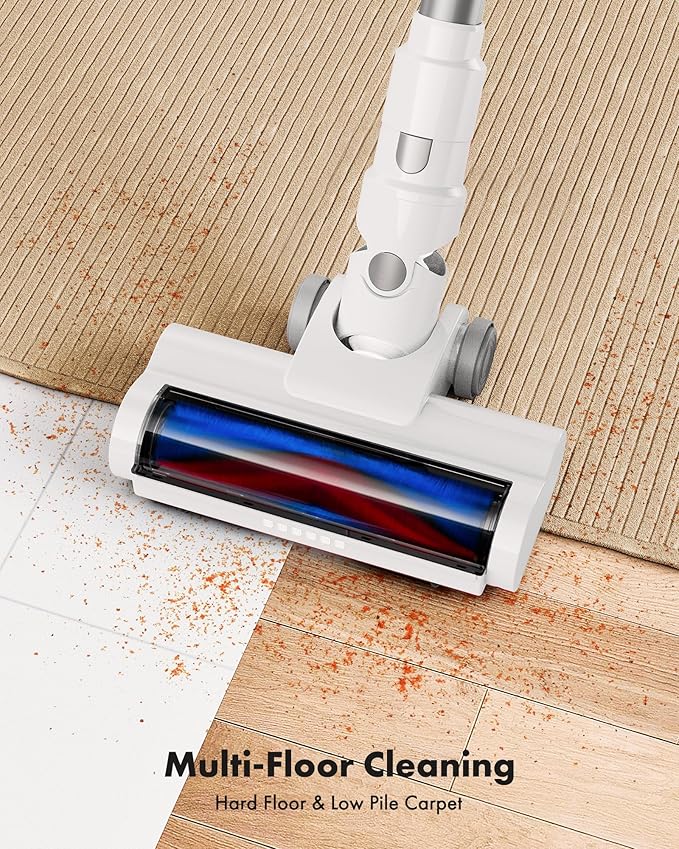 Cordless Vacuum Cleaner, 8-in-1 Lightweight Stick Vacuum with 45mins Runtime, Powerful Suction, Rechargeable Cordless Vacuum for Carpet, Tile, Pet Hair, Hardwood Floors, White