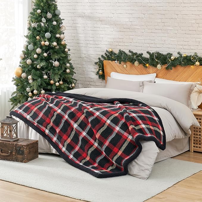 Cozy Bliss Luxury Sherpa Throw Blanket for Couch, Premium Reversible Buffalo Plaid Thick Throw, Warm Cozy Soft Blanket for Home and Gifts (Scotland Plaid Red, 50" x 60")