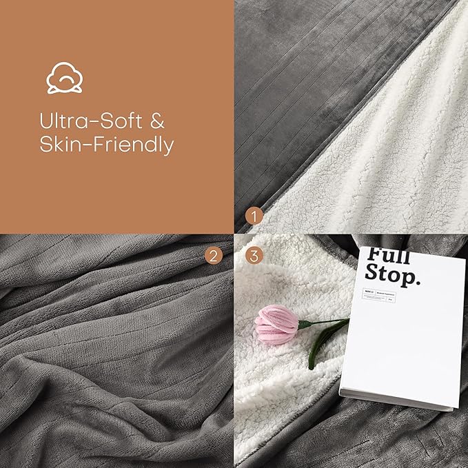 Electric Heated Blanket Twin Size 62"x84" - Flannel & Sherpa Fabric Dual-Sided, 6 Heat Settings & 10 Hours Auto Off, Soft & Cozy Warming Throw for Home, Office, or Bed, Machine Washable, Light Gray