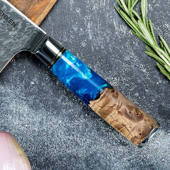 SENKEN Damascus Steel Chef's Knife - Tsunami Collection - 67-Layer Japanese VG10 Steel Core - Unique Blue Resin & Natural Wood Handle, Razor Sharp, Beautiful Damascus Wave Pattern (8" Chef's Knife)