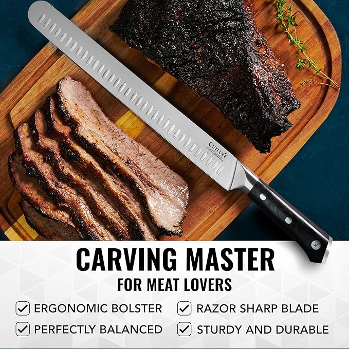 Cutluxe Brisket Knife – 12" Carving & Slicing Knife for Meat & BBQ – Razor Sharp German Steel, Sheath Included, Ergonomic Full Tang Handle Design – Artisan Series