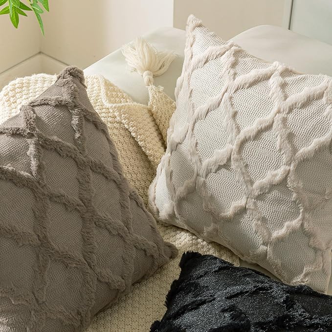 Set of 2 Soft Moroccan Throw Pillow Covers 24x24 Inch Plush Boho Decorative Pillow Cover Accent Cushion Case for Couch Sofa Bed, Deep Grey
