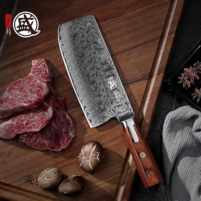 MITSUMOTO SAKARI Cleaver Knife 7 inch, S301 Damascus Steel Traditional Meat Cleaver (Hand Forged)