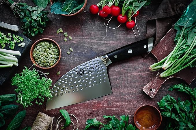 Dalstrong Serbian Chef Knife - 7.5 inch - Gladiator Series Elite - German HC Steel - Meat Cleaver Knife - Hammered Blade Finish - Razor Sharp Kitchen Knife - G10 Handle - w/Sheath - NSF Certified